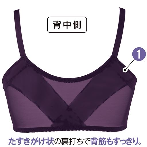 たすきがけ状の裏打ちですっきり。<br>(1)脇側上辺は生地折り返し仕様で、くい込み軽減。