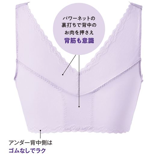 (1)パワーネットの裏打ちで背中のお肉を押さえ背筋も意識 (2)アンダー背中側はゴムなしでラクな着心地