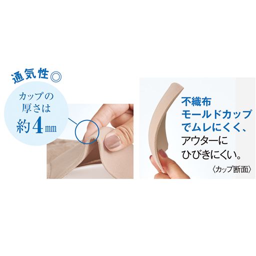 不織布モールドカップでムレにくく、アウターにひびきにくい。 〈カップ断面〉