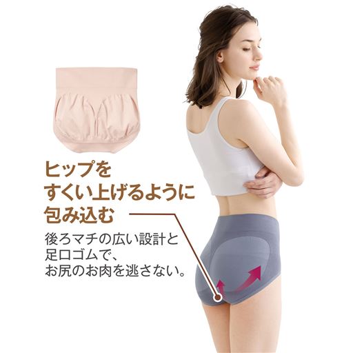 ヒップをすくい上げるように包み込む 後ろマチの広い設計と足口ゴムで、お尻のお肉を逃さない。