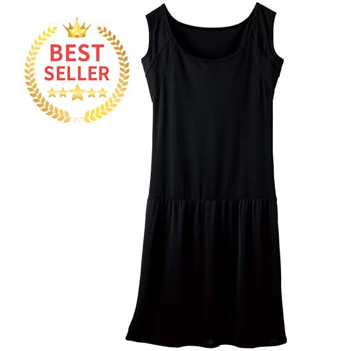 とろみのあるシルキーな肌ざわりと上品な光沢感が魅力の前汗取り付きノースリーブ切替スリップ。前に染み出す汗対策で人気の「前汗キャッチャー&reg;」の機能をプラスしたランジェリーです。<br>ブラック