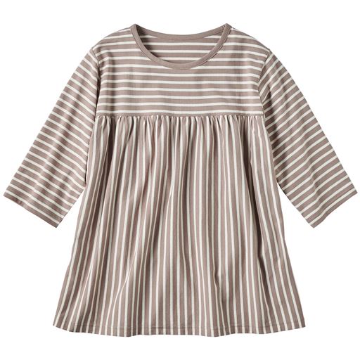 モカ(モカ×オフホワイトボーダー) (1)切り替え&ギャザーデザインでバストラインをカバー。(2)肘が隠れて長い時季着られる6分袖。(3)ボーダーを縦に切り替えたデザインがおしゃれ。