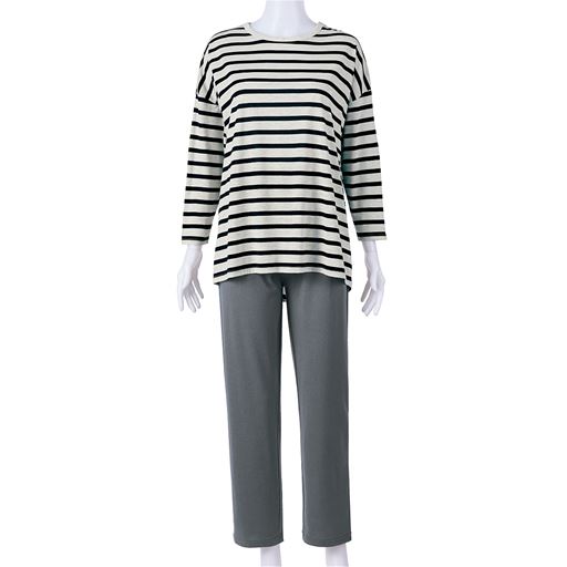 オートミール(トップス:オートミール×ブラックボーダー パンツ:チャコールグレー) 上下セット