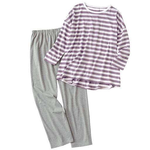 パープル系(トップス:パープル×オフ白ボーダー パンツ:グレー) 上下セット