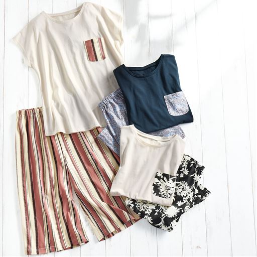 (左から時計回りに)クラウディローズ(トップス:アイボリー)、ラベンダーブルー(トップス:ネイビー)、ブラック(トップス:アイボリー) (1)パンツと同柄の胸ポケット付き