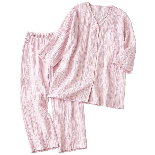 ピンク 上下セット(ピンクにブルーのストライプ)