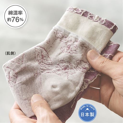 履き口はゴムなしでゆったり。幅広くとった2重部分とズレ防止サポートで絶妙なフィット感を実現。