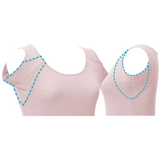 前汗キャッチャー&reg;<br>脇まわりにぴったりとフィットして汗を逃さない立体設計の汗取り仕様です。 汗取りパッドの特性上、脇まわりはフィット感のある着用感です。