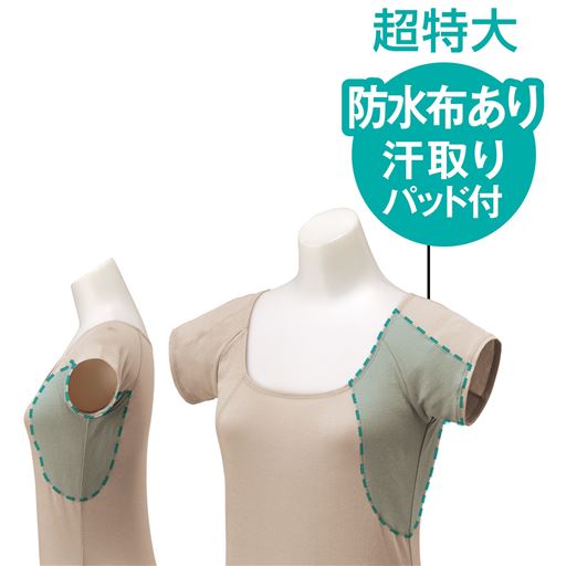 脇全体を大きくカバーして脇汗を逃さずキャッチ! 脇全体を大きくカバーしてしっかりフィットするよう、パターン設計にこだわった大きな汗取りパッド。動きにもフィットして脇汗をキャッチします。 ※汗取りパッドの特性上、脇まわりはフィット感のある着用感です。 (1)超特大防水布あり汗取りパッド付