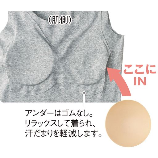 (肌側)アンダーはゴム不使用。リラックスして着られ、汗だまりを軽減します。