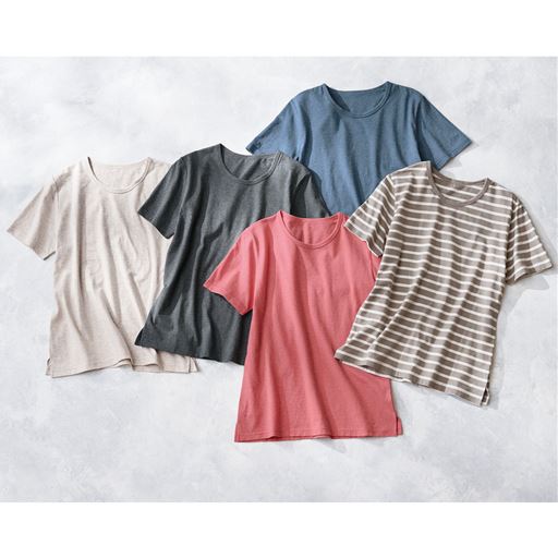 (左から)オートミール(杢)、チャコールグレー(杢)、コーラル(杢)、アッシュブルー(杢)、ボーダーA(オフホワイト×ブラウン)