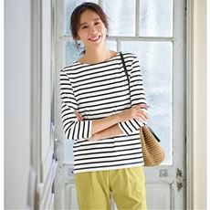 ボートネックボーダーTシャツ(7分袖)(洗濯機OK)