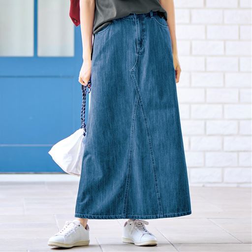 甘撚り素材でやわらかな着心地デニムロングスカート(KUROKI・綿100%・生地日本製・洗濯機OK)