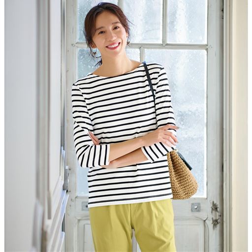 ボートネックボーダーTシャツ(7分袖)(洗濯機OK)