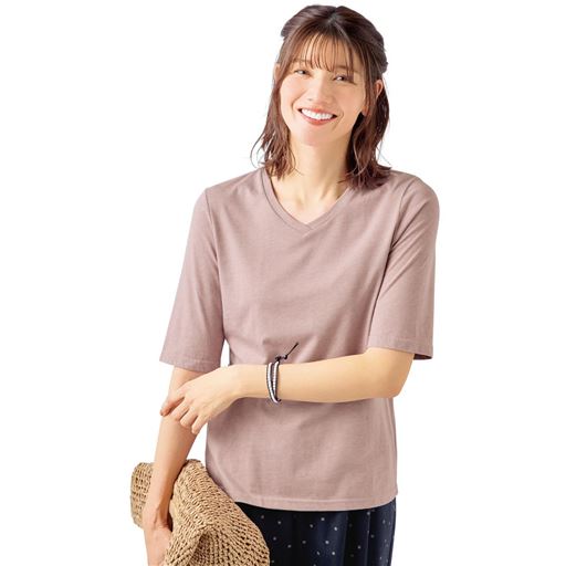 シンプルVネックTシャツ(5分袖)(洗濯機OK)