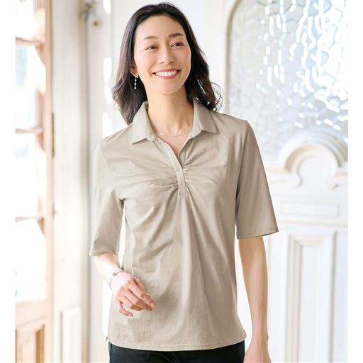 スキッパー衿Tシャツ(5分袖)(綿100%・洗濯機OK)