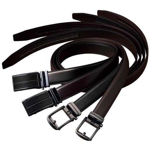 (左から)ブラックB(革張りバックル)、ブラウンB(革張りバックル)、ブラックA(ピンなしバックル)、ブラウンA(ピンなしバックル)