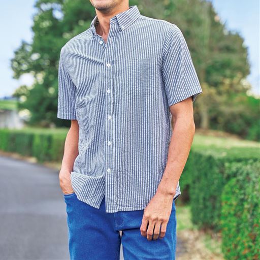 綿100%サッカー素材シャツ(半袖)ボタンダウン仕様