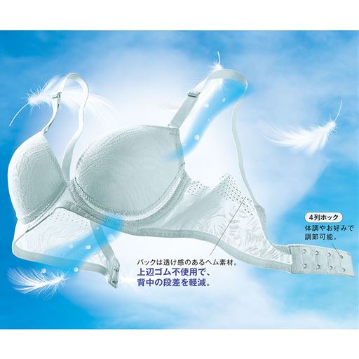 ペールミント (1)上辺はゴムやテープを使わない縫い目のないヘム仕様で軽い着用感と背中の段差軽減を実現。(2)4列ホックで体調やお好みで調節