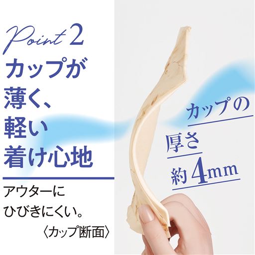 Point2 カップが薄く、軽い着け心地 アウターにひびきにくい。 カップの厚さ約約4mm