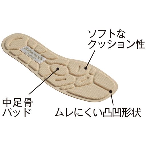 こだわりの中敷<br>表面の凹凸によりムレにくく、足裏が爽やか。ソフトなクッション性と中足骨パッドが足裏にかかる負担を和らげます。