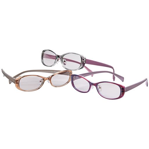 (上から時計まわりに)グレー、パープル、ブラウン ※写真は遮光時のレンズの色です