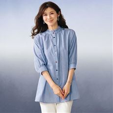 フリル襟ストライプロングブラウス