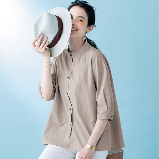 スタンドネックコットンフレアシャツ