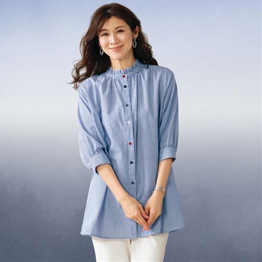 フリル襟ストライプロングブラウス