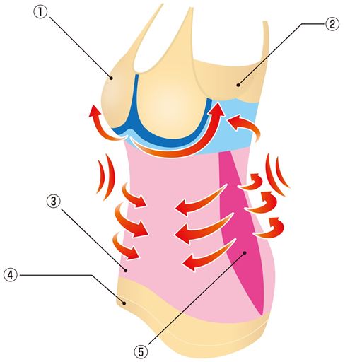 ～スウィートキャミはここがスゴイ!～<br>(1)コネクティングパッドを採用…ズレを軽減し、下から持ち上げふっくらとしたバストを演出。<br>(2)汗脇パッドが汗をキャッチしながら脇下の肉を包み込みスッキリ。<br>(3)360°立体編みで柔らかいのにしっかり引き締め。<br>(4)お腹がすっぽり隠れる、安心の長め丈。<br>(5)脇腹・ウエストをスッキリ整え、女性らしいカーブに。<br>※イメージ
