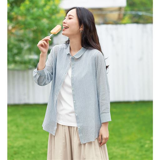 ブルー系(ブルー×オフホワイト)オフホワイトのタンクトップ付き コーディネート例