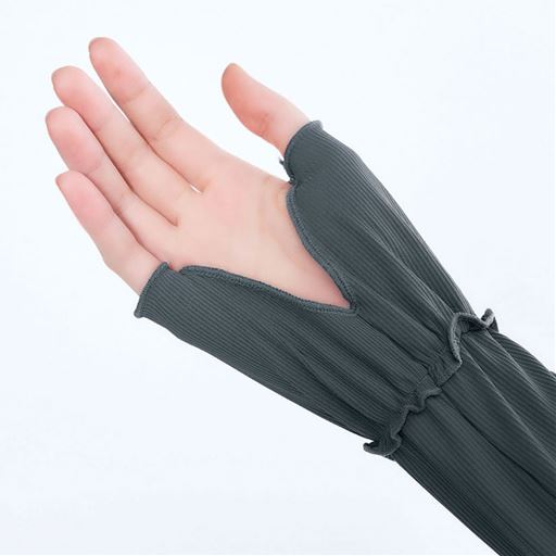 ココがポイント 指穴に親指と小指を通し手の甲までしっかりカバー