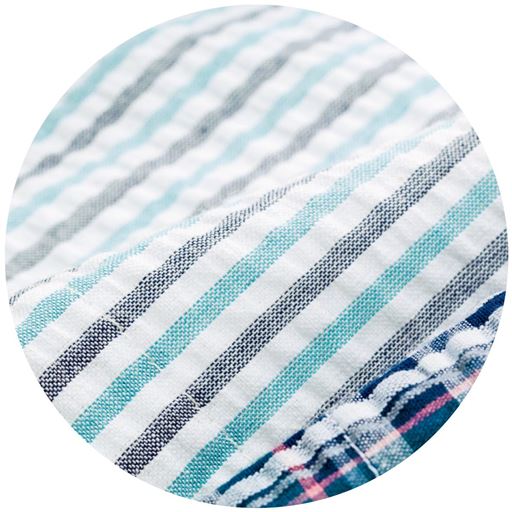 生地アップ<br>サッカー 凹凸のある素材は、肌に触れる部分が少なく、汗をかいてもベタつきにくいのが特徴。暑い夏でも快適です。