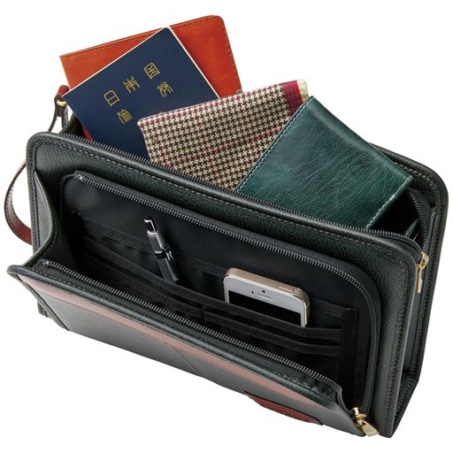 グリーンA(セカンドバッグ) 配色がお洒落なカジュアルバッグ。2層構造で収納力アップ。ストラップは着脱可能。