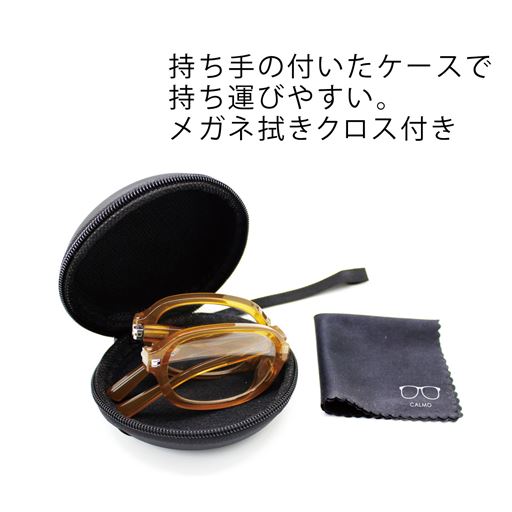 専用ケース付き 持ち手の付いたケースで持ち運びやすい。メガネ拭きクロス付き