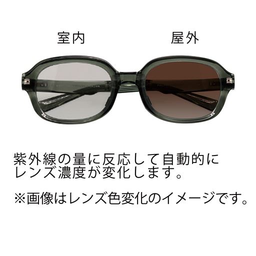 調光レンズ採用  紫外線の量に反応して自動的にレンズ濃度が変化します。 ※画像はレンズ色変化のイメージです。