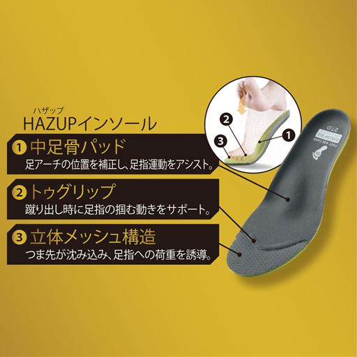 HAZUPインソール (1)中足骨パッド (2)トゥグリップ (3)立体メッシュ構造