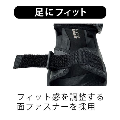 足にフィット フィット感を調整する面ファスナーを採用
