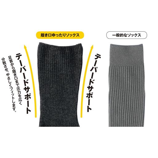 履き口ゆったりソックス テーパードサポート 足首から履き口まで圧力を広く分散させ、やさしくフィットします。テーパードサポート 一般的なソックス