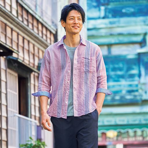 麻混ストライプシャツ(7分袖)