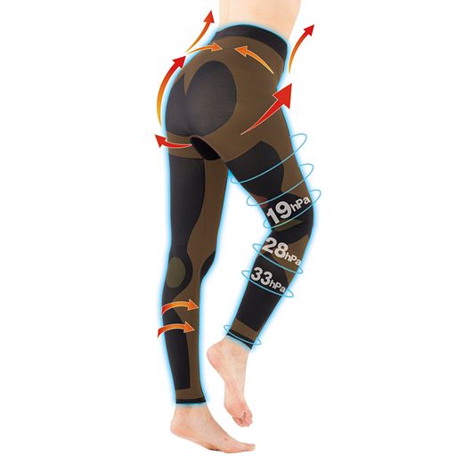 足首から太ももに向け段階着圧で、重たい脚もスッキリ!<br>※色付き部分はサポートイメージ