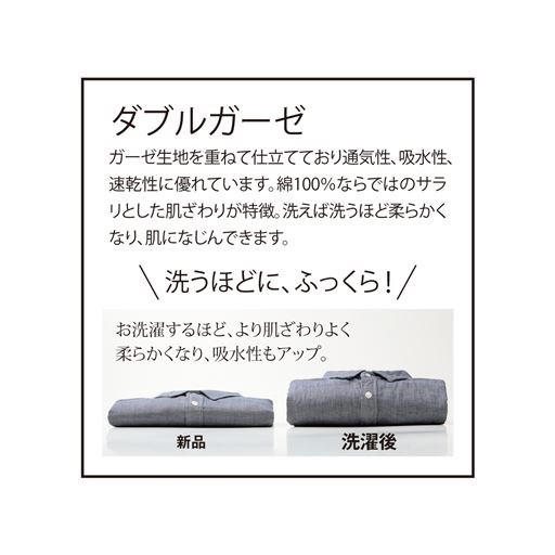 ダブルガーゼ ガーゼ生地を重ねて仕立てており通気性、吸水性、速乾性に優れています。綿100%ならではのサラリとした肌ざわりが特徴、洗えば洗うほど柔らかくなり、肌になじんできます。洗うほどに、ふっくら!お洗濯するほど、より肌ざわりよく柔らかくなり、吸水性もアップ。 新品 洗濯後