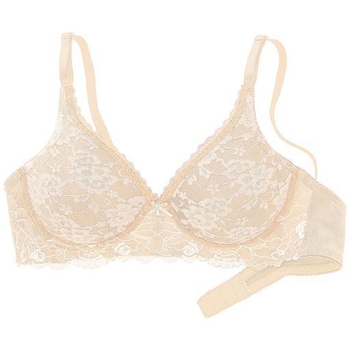 ナチュラルベージュ <br>(1)アウターにひびきにくいモールドカップ。(2)ノンワイヤーで締め付けにくい。<br>(3)バック部分はサテンネット素材で安定感のある着け心地(プリント以外)