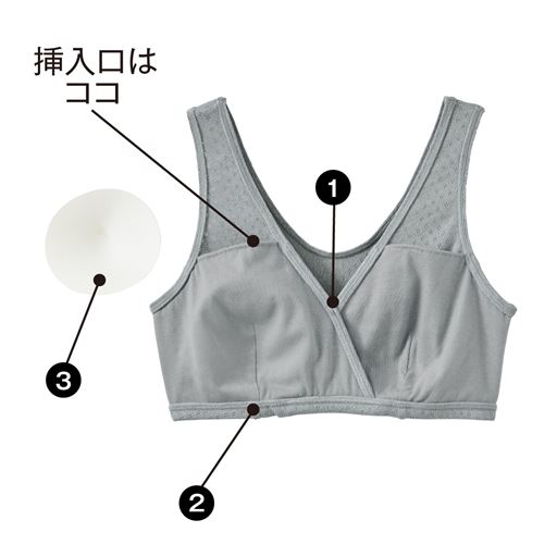 (1)縫い付けなしのカシュクール仕様で着脱がラクチン。(2)アンダーゴムは直接肌にあたらない生地くるみ仕様。 (3)ほどよくバストを整えるやわらかカップ型パッド付き。