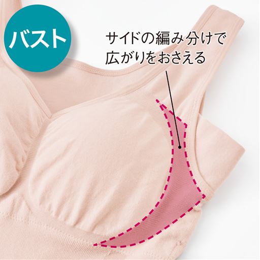 サイドの編み分けで広がりをおさえる。