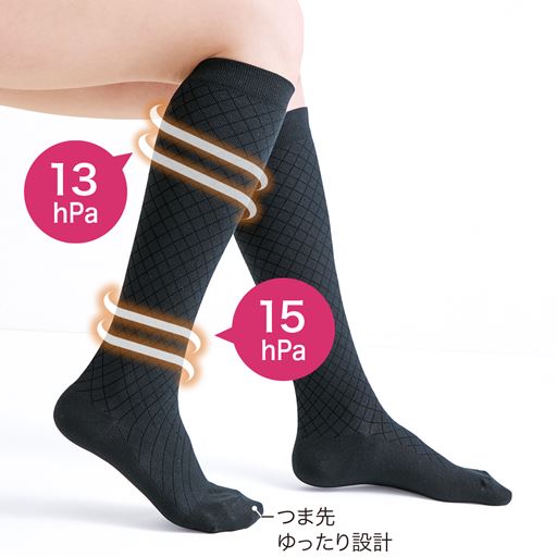 【シリーズ累計販売足数64万足突破!(2026年3月末現在)】ほどよい引き締めでお疲れ脚にやさしいソフトタイプの綿混着圧ソックス(アシスキット)。足首から上へと持ち上げていくような段階の着圧設計。