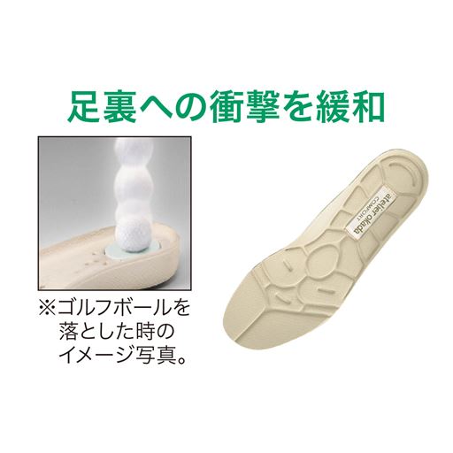 足裏への衝撃を緩和<br>クッションが入った 凹凸の中敷 。かかと部は本底と中敷の下へクッションを2重に配置し、衝撃を緩和。※ゴルフボールを 落とした時の イメージ写真。