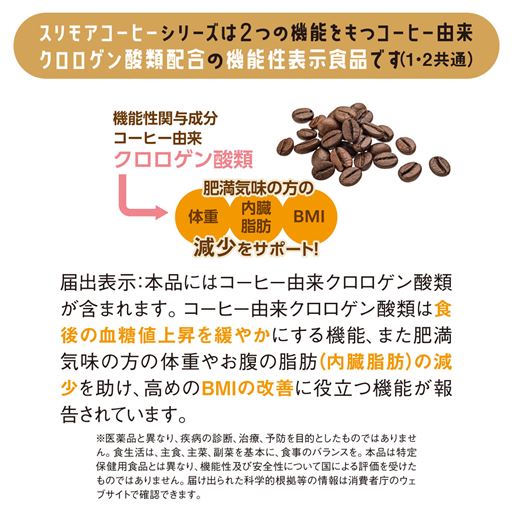 スリモアコーヒーシリーズは2つの機能を持つ、コーヒー由来クロログン酸類配合の機能性表示食品です。