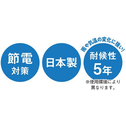 安心の日本製で、雨や気温の変化に強い! 節電対策にもおすすめ。<br>※使用環境により異なります。