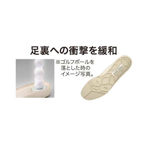 クッションが入った凹凸の中敷。かかと部は本底と中敷の下へクッションを2重に配置し、衝撃を緩和。